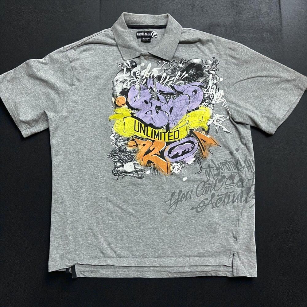 Ecko Unltd. Vintage Y2K Graffiti Gray Multicolor Polo Shirt Men's Size XL